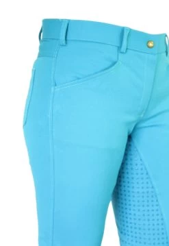 Micro Woven Cotton Blend Jodhpurs In Turquoise - Final Runout, Last Sizes -Famous Saddlery Shop Turquoise Cotton Micro Woven Jods 3